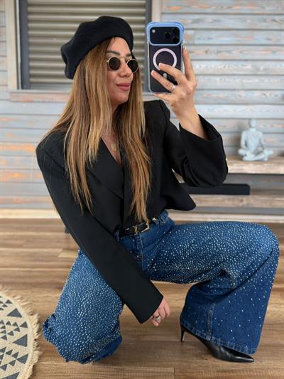 Tasarım Taşlı Baggy Jean Pantolon