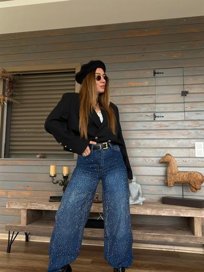Tasarım Taşlı Baggy Jean Pantolon