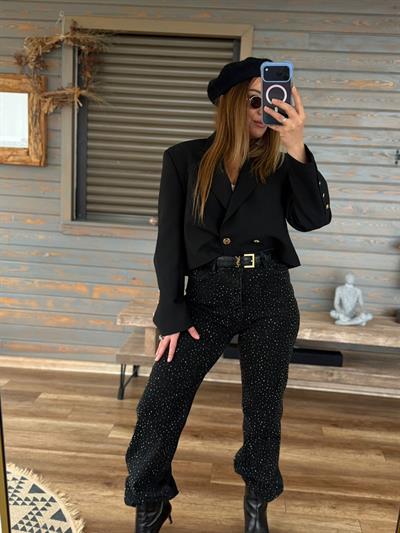 Tasarım Taşlı Baggy Jean Pantolon