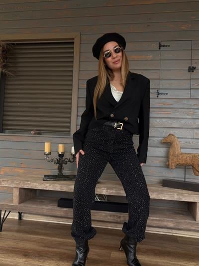 Tasarım Taşlı Baggy Jean Pantolon