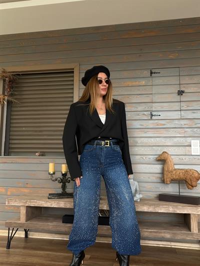 Tasarım Taşlı Baggy Jean Pantolon
