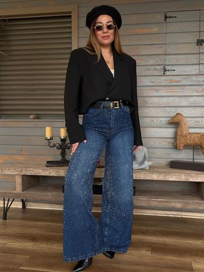 Tasarım Taşlı Baggy Jean Pantolon