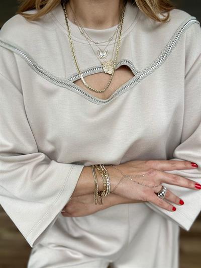 Taşlı Önü Açık Bluz Alt Üst Takım