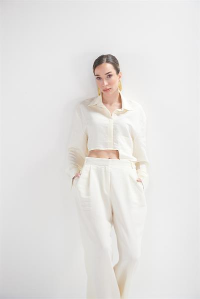 Valente Ekru Crop Gömlek Pantolon Takım