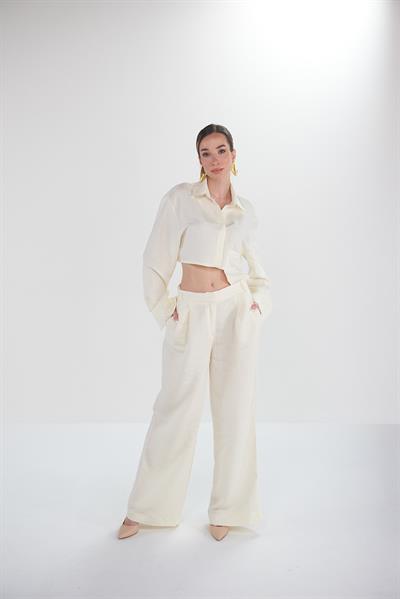 Valente Ekru Crop Gömlek Pantolon Takım