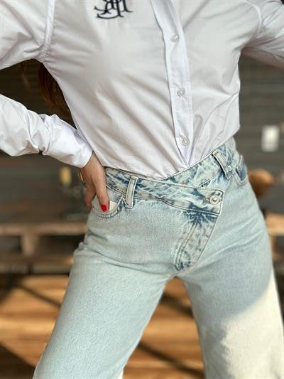 Yan Düğmeli Bol Paça Jean