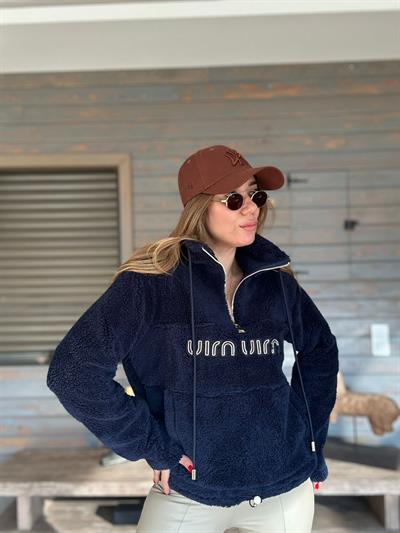 Yarım Fermuarlı Nakış Logolu Peluş Sweatshirt