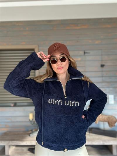 Yarım Fermuarlı Nakış Logolu Peluş Sweatshirt