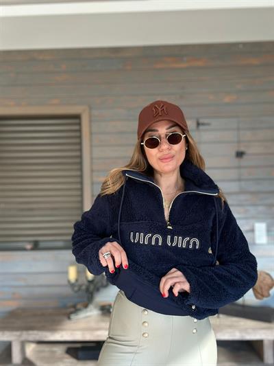 Yarım Fermuarlı Nakış Logolu Peluş Sweatshirt
