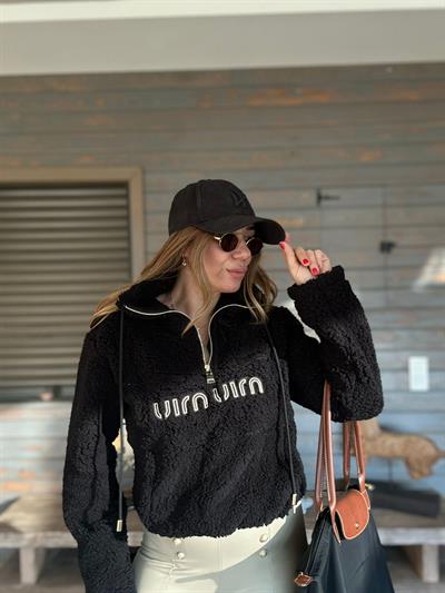 Yarım Fermuarlı Nakış Logolu Peluş Sweatshirt