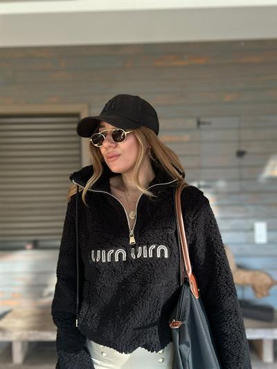 Yarım Fermuarlı Nakış Logolu Peluş Sweatshirt