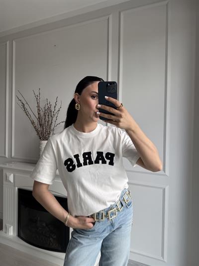 Beyaz Paris Yazılı Pamuklu T-shirt