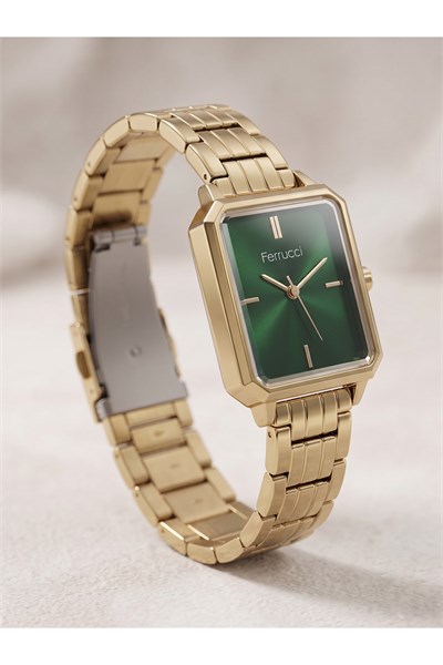 26x34 mm Dikdörtgen Kadın Kol Saati Yeşil Kadran Gold Renk Küçük Kasa