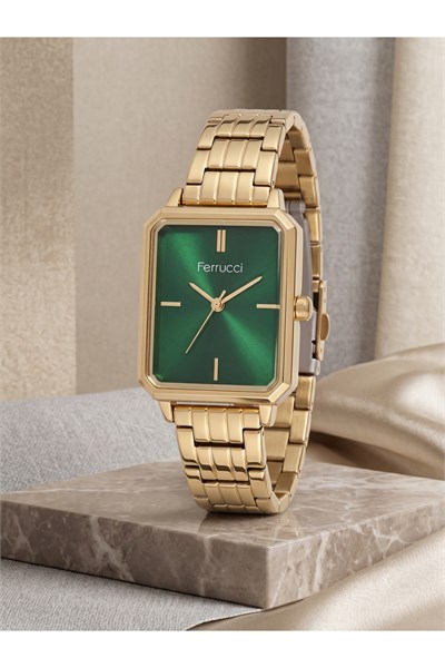 26x34 mm Dikdörtgen Kadın Kol Saati Yeşil Kadran Gold Renk Küçük Kasa