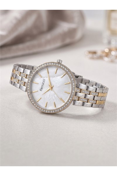 35 mm Kadın Kol Saati Çift Renk Taşlı Kadran Gold Gümüş Kordon