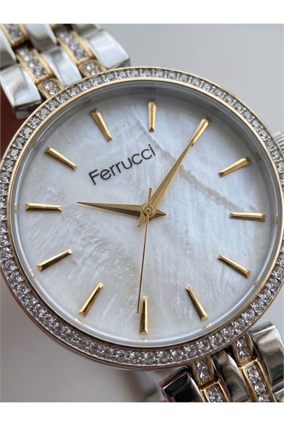 35 mm Kadın Kol Saati Çift Renk Taşlı Kadran Gold Gümüş Kordon