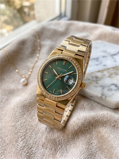 David Guner San Diego 30 mm Ekstra İnce Kadın Saat Yeşil Kadran Gold Kordon
