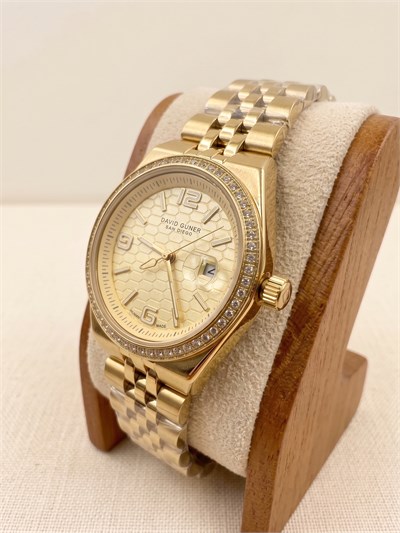 David Guner San Diego 30 mm Kadın Kol Saati Gold Kadran Taşlı Bezel Çelik Kordon