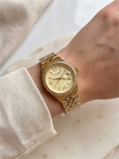 David Guner San Diego 30 mm Kadın Kol Saati Gold Kadran Taşlı Bezel Çelik Kordon