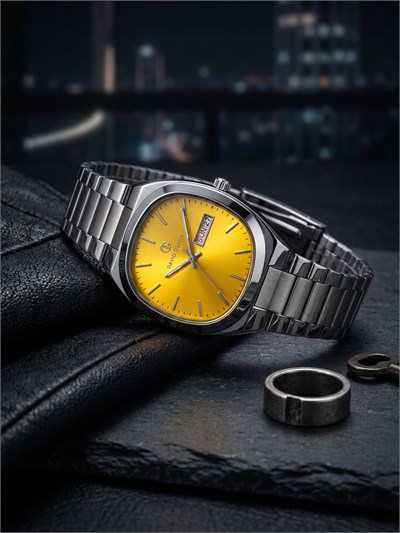 David Guner San Diego 42 mm Erkek Kol Saati Sarı Kadran Çelik Kordon Gün-Tarihli