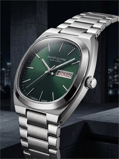 David Guner San Diego 42 mm Erkek Kol Saati Yeşil Kadran Çelik Kordon Almanca Gün Göstergeli