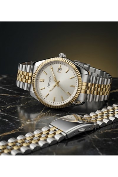 Erkek Kol Saati 42 mm Takvimli Çift Renk Çelik Kordon Klasik Quartz Saat
