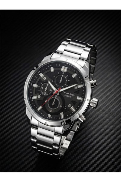 Erkek Kol Saati 43 mm Çelik Kordon Siyah Kadran Quartz Mekanizma Mineral Cam 3 ATM