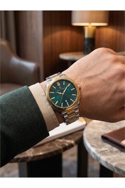 Erkek Kol Saati 44 mm Yeşil Kadran Çift Renk Çelik Kordon