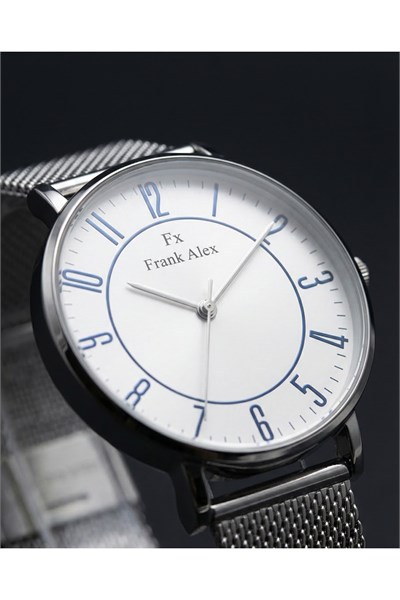 Erkek Kol Saati Beyaz Kadran Mavi Rakamlı Çelik Hasır Kordon Quartz Saat 41-45 mm