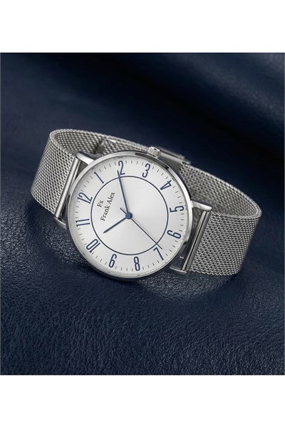 Erkek Kol Saati Beyaz Kadran Mavi Rakamlı Çelik Hasır Kordon Quartz Saat 41-45 mm