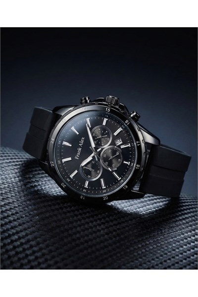 Erkek Kol Saati Siyah Kasa Silikon Kordon Kronograf Görünümlü Quartz Mineral Cam 43 mm