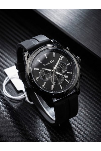Erkek Kol Saati Siyah Kasa Silikon Kordon Kronograf Görünümlü Quartz Mineral Cam 43 mm