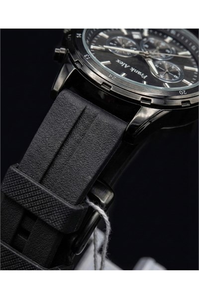 Erkek Kol Saati Siyah Kasa Silikon Kordon Kronograf Görünümlü Quartz Mineral Cam 43 mm