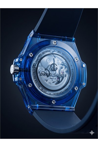 Erkek Saat 42 mm Otomatik Mekanizma Lacivert Şeffaf Kasa Silikon Kordon Spor Kol Saati