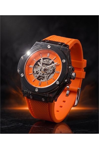 Erkek Saat 42 mm Otomatik Mekanizma Turuncu Kadran Şeffaf Kasa Silikon Kordon Spor Kol Saati