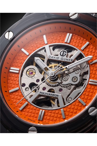 Erkek Saat 42 mm Otomatik Mekanizma Turuncu Kadran Şeffaf Kasa Silikon Kordon Spor Kol Saati