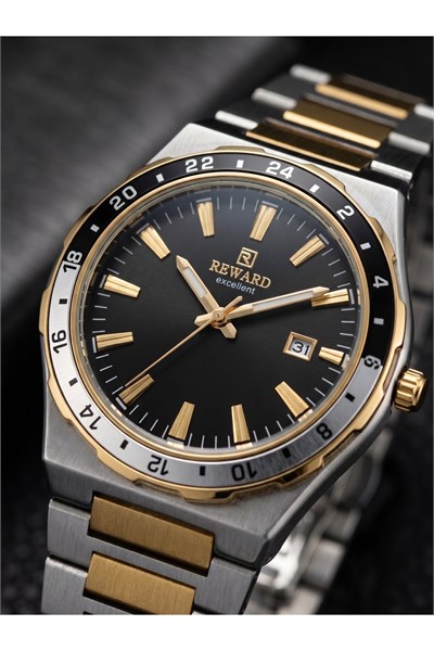 Excellent 42 mm Erkek Kol Saati Siyah Kadran Çift Renk Çelik Kordonlu