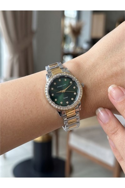 Femme 24 mm Mini Küçük Kasa Çift Renk Metal Kordon Yeşil Taşlı Kadın Saati
