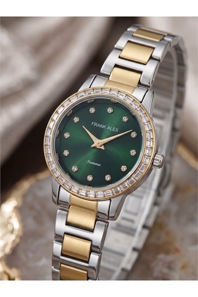 Femme 24 mm Mini Küçük Kasa Çift Renk Metal Kordon Yeşil Taşlı Kadın Saati