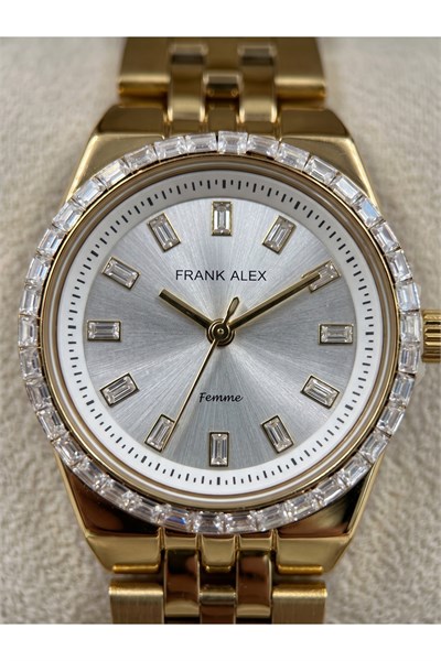 Femme 27 mm Gold Renk Taşlı Bezel Gümüş Kadran Küçük Kasa Kadın Saati