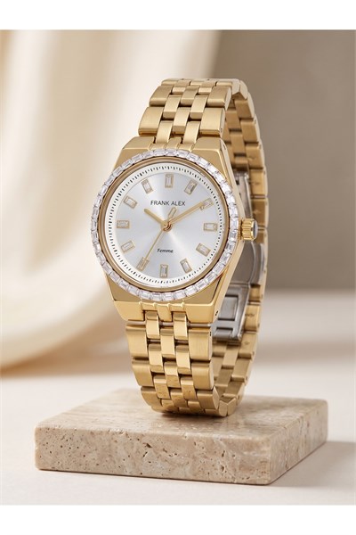 Femme 27 mm Gold Renk Taşlı Bezel Gümüş Kadran Küçük Kasa Kadın Saati
