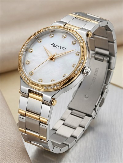 Ferrucci 36 mm Çift Renkli Çelik Taş Detaylı Sedef Kadran Kadın Kol Saati