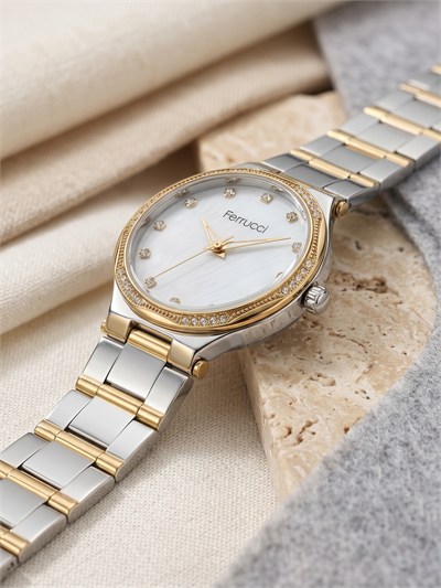 Ferrucci 36 mm Çift Renkli Çelik Taş Detaylı Sedef Kadran Kadın Kol Saati