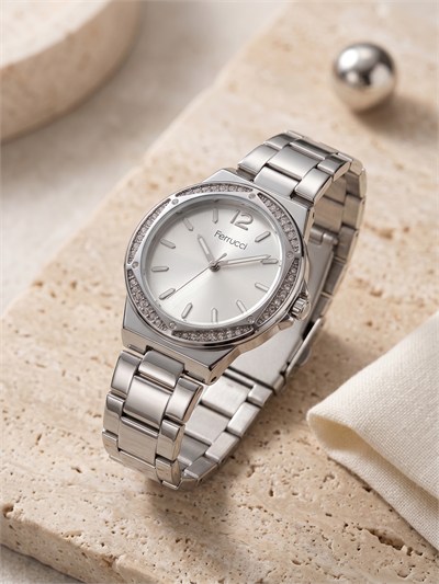 Ferrucci 36 mm Kadın Kol Saati Gümüş Çelik Kordon Taşlı Bezel
