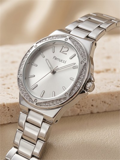 Ferrucci 36 mm Kadın Kol Saati Gümüş Çelik Kordon Taşlı Bezel