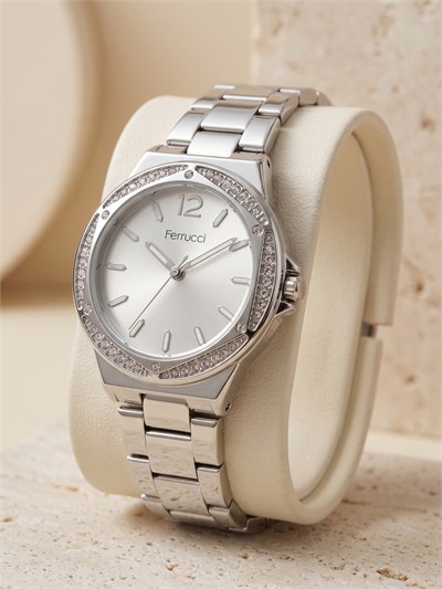 Ferrucci 36 mm Kadın Kol Saati Gümüş Çelik Kordon Taşlı Bezel