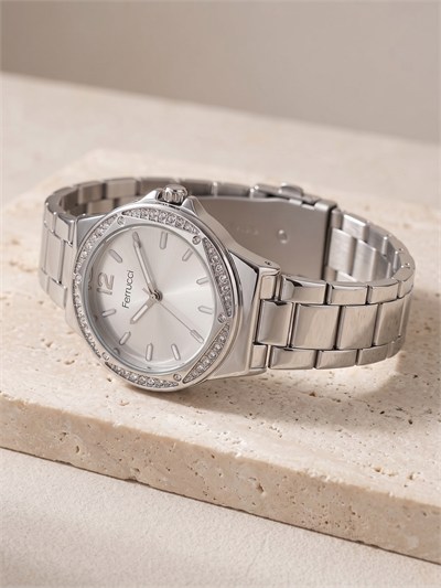 Ferrucci 36 mm Kadın Kol Saati Gümüş Çelik Kordon Taşlı Bezel