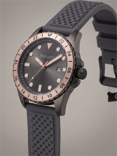 Ferrucci 43 mm Gri Kadran Gri Silikon Kordon Somon Bezel Erkek Kol Saati