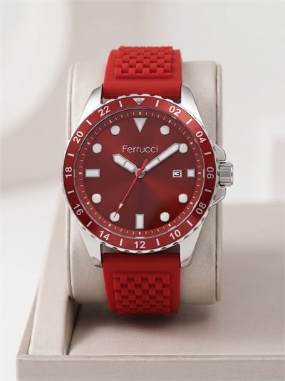 Ferrucci 43 mm Kırmızı Kadran Kırmızı Silikon Kordon Erkek Kol Saati
