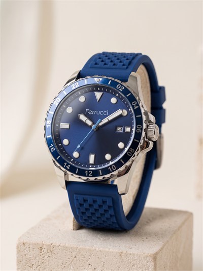 Ferrucci 43 mm Lacivert Kadran Mavi Silikon Kordon Erkek Kol Saati